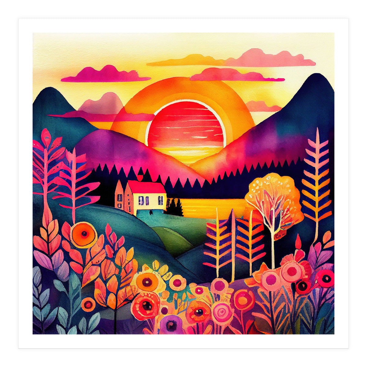 Folk Sunset Over Mountain Lake (Print Only)