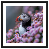 Atlantic Puffin Amidst Pink Heather Flowers