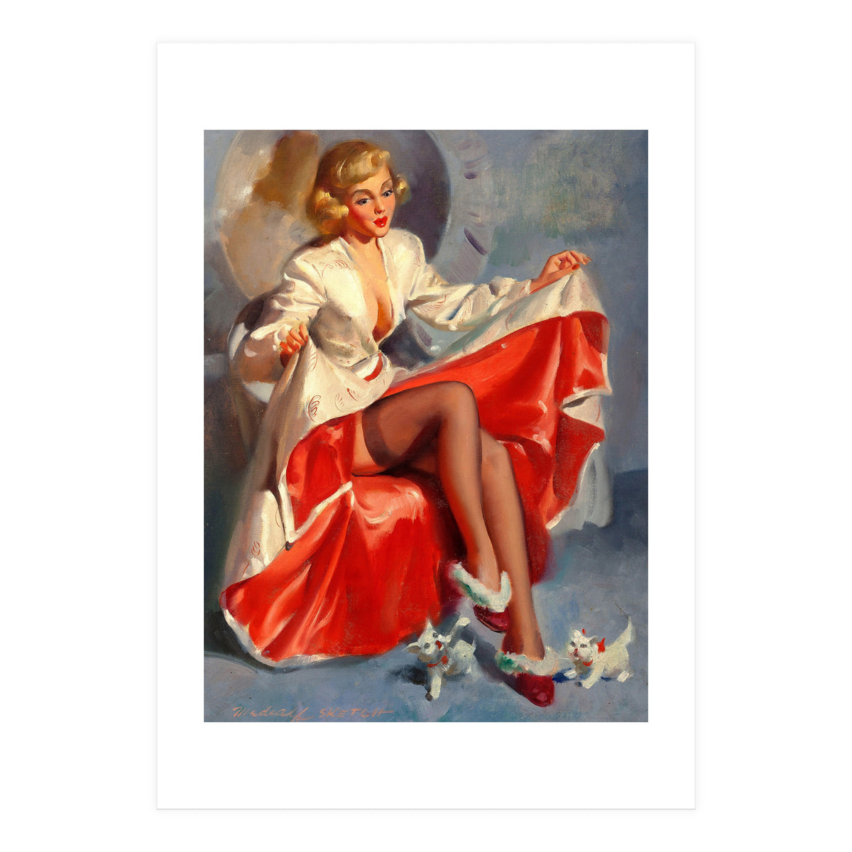 Pinup Girl Playing With Two Little Cats (Print Only)