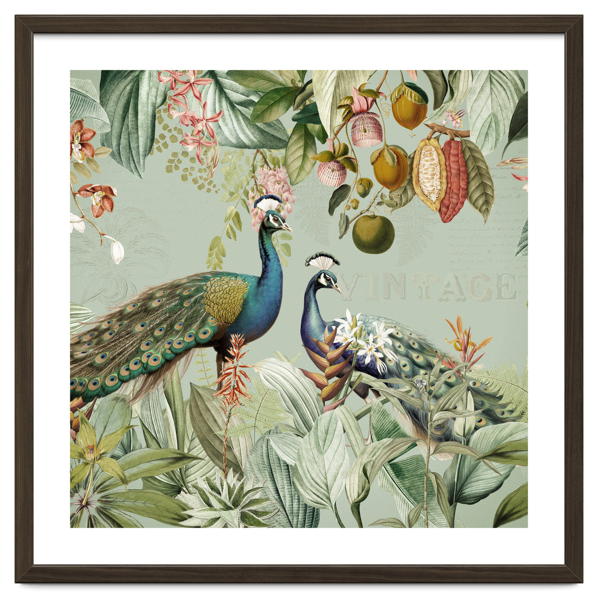 Vintage Exotic Asian Peacocks In Tropical Jungle Landscape