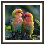 Lovebirds Pair Perched On Mossy Branch Outdoors thumbnail