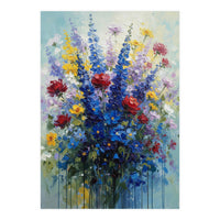 Vibrant Blue Delphinium and Red Rose Heavy Impasto Oil Painting (Print Only)