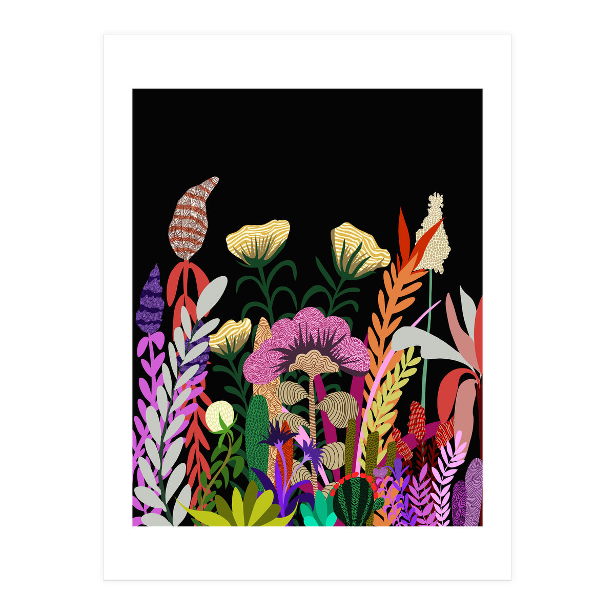 Dark Garden, Eclectic Bold Floral Botanical Nature, Colorful Mystery Bohemian Flowers Plants (Print Only)