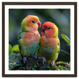 Lovebirds Pair Perched On Mossy Branch Outdoors thumbnail