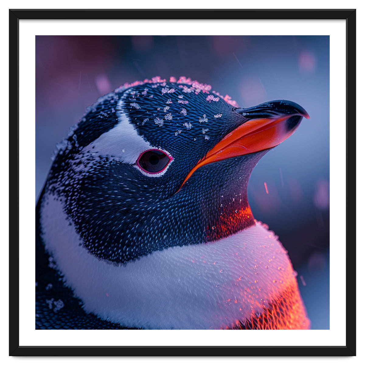 Close Up Penguin With Snowflakes On Head
