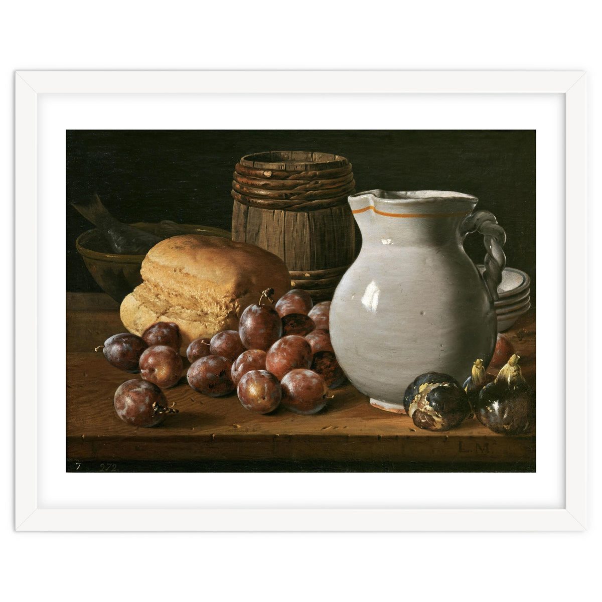 Luis Egidio Meléndez / 'Still Life with Plums, Figs, Bread and Fish', 18th century, Spanish School.