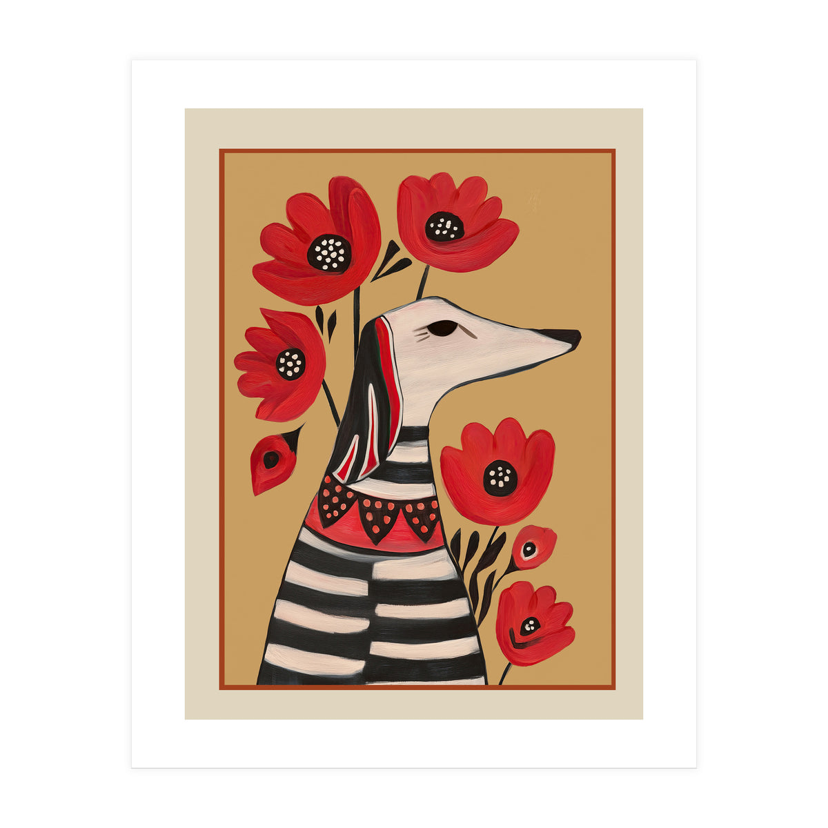 Striped Dog With Poppies (Print Only)