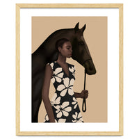 Woman In Bold Print With Black Horse