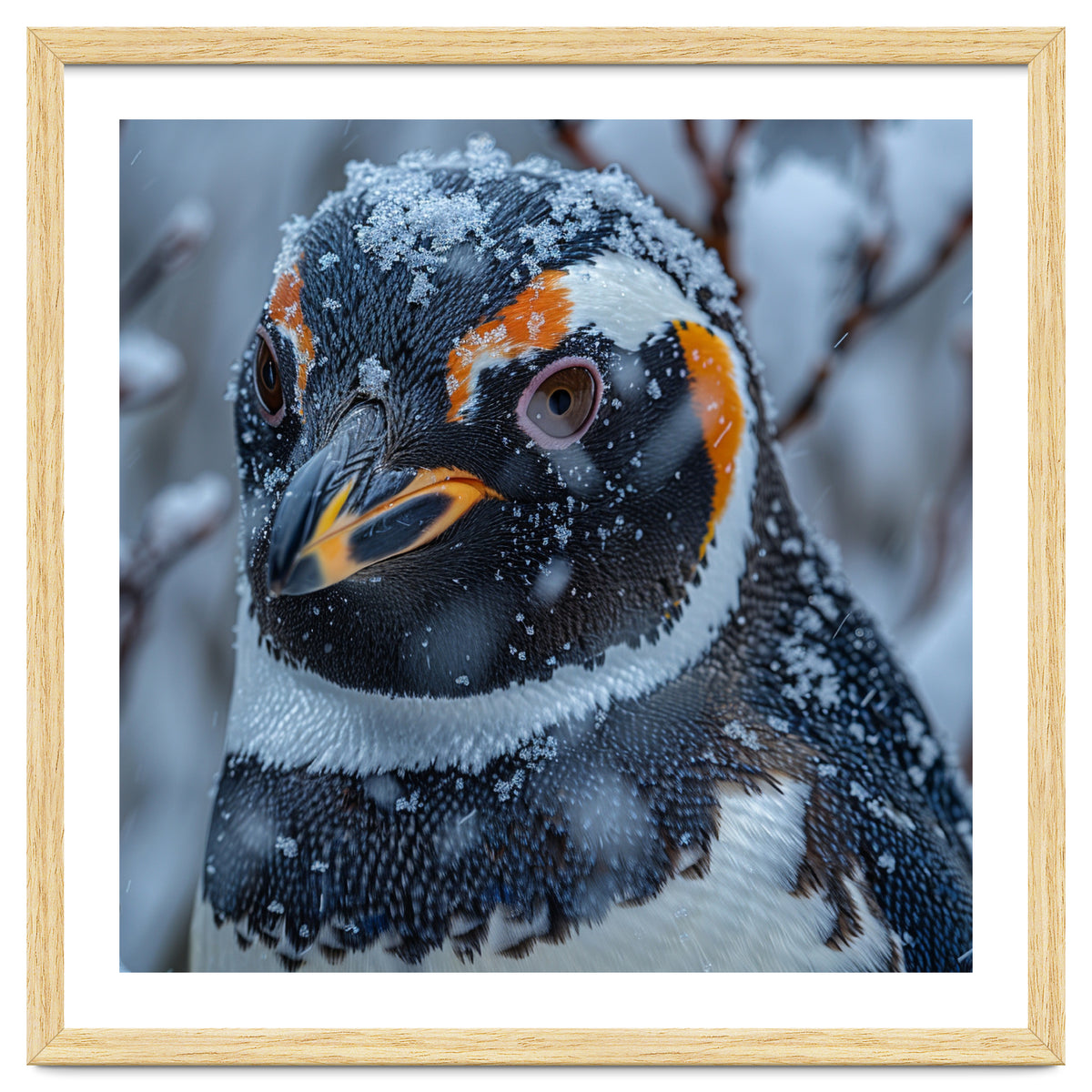 Penguin In Snow Falling Close Up Portrait