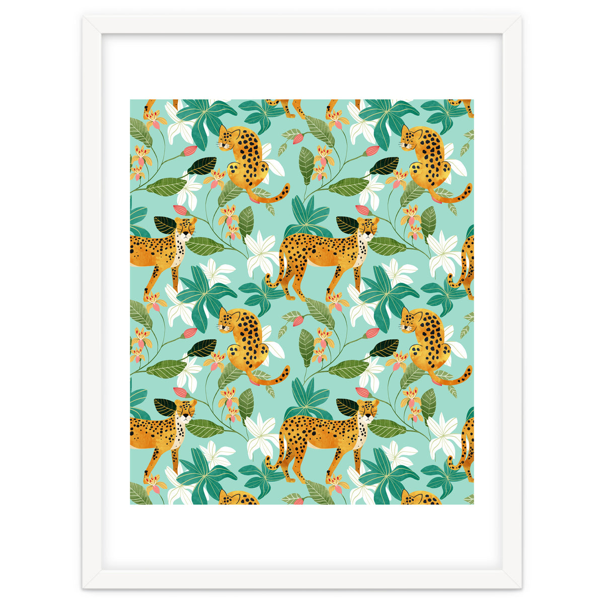 Cheetah Jungle, Wildlife Nature Wild Cats Tigers Leopard Botanical Animals Mint Quirky Illustration