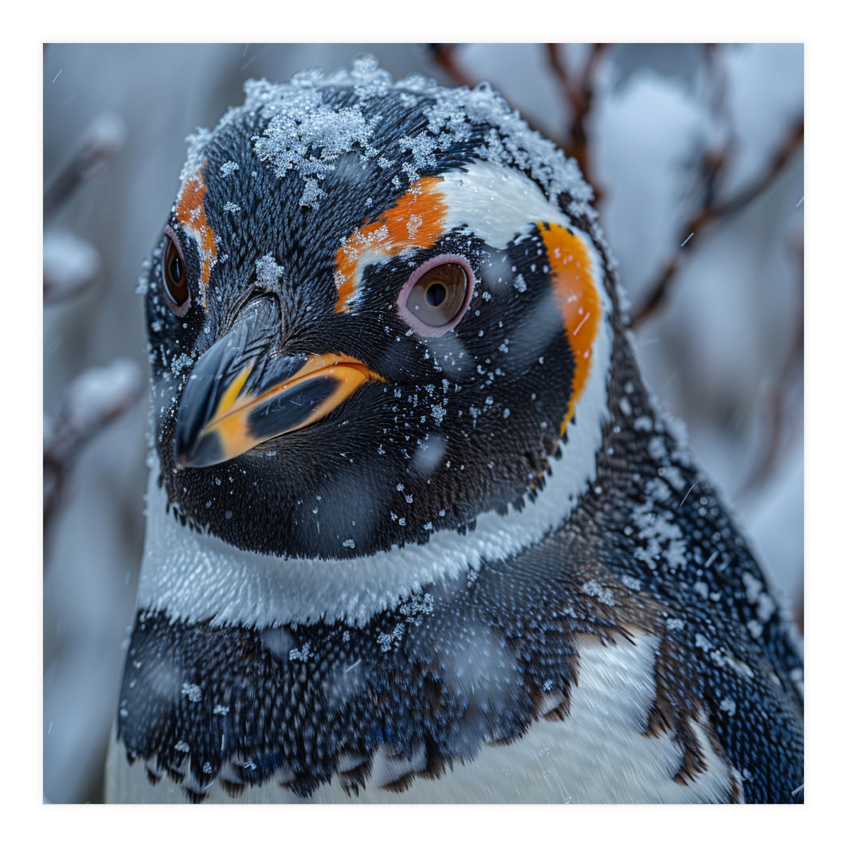 Penguin In Snow Falling Close Up Portrait (Print Only)