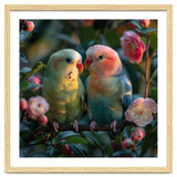 Two Lovebirds Perched On A Branch Near Flowers thumbnail