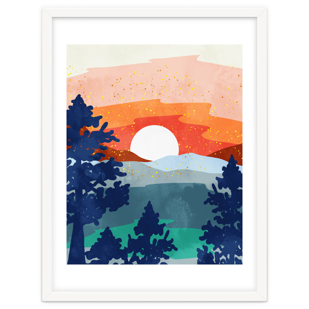 A Magical Sunset, Landscape Nature Illustration, Minimal Bohemian Painting, Mountains Adventure Travel