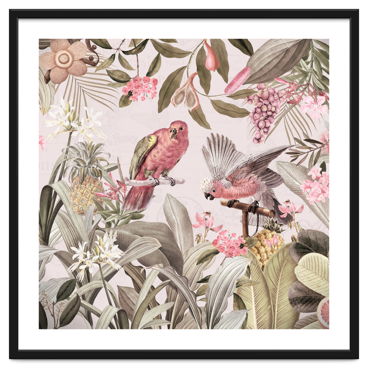 Colorful Parrots In Flower And Fruit Tropical Jungle