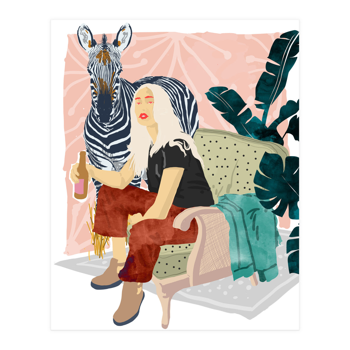 Zebra Hangout | Wildlife Urban Jungle Décor | Banana Leaves Monstera Plant Lady Fashion  (Print Only)