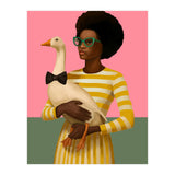 Stylish Woman Holding Goose In Striped Dress (Print Only) thumbnail