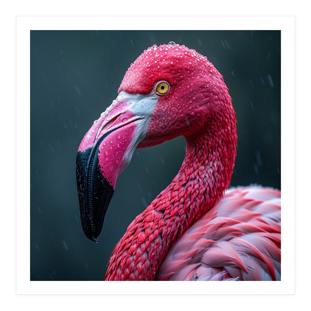 Close Up Pink Flamingo In Rain Drops (Print Only)