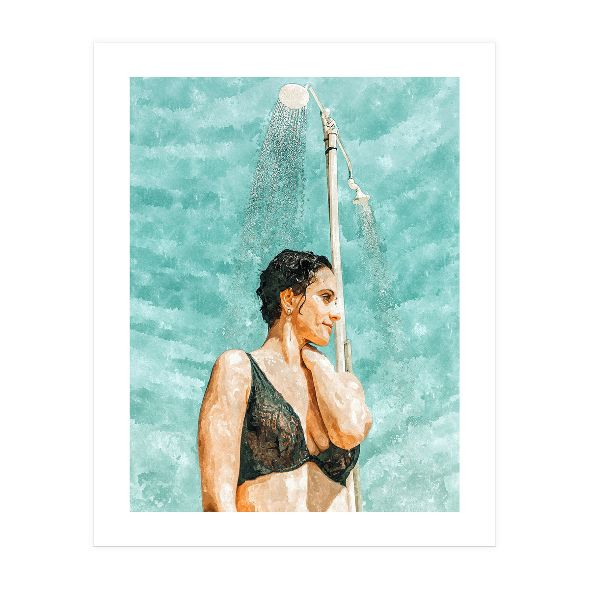 Bathe | Woman Pool Shower | Summer Swim Watercolor Painting | Brunette Bikini Boho Fashion (Print Only)