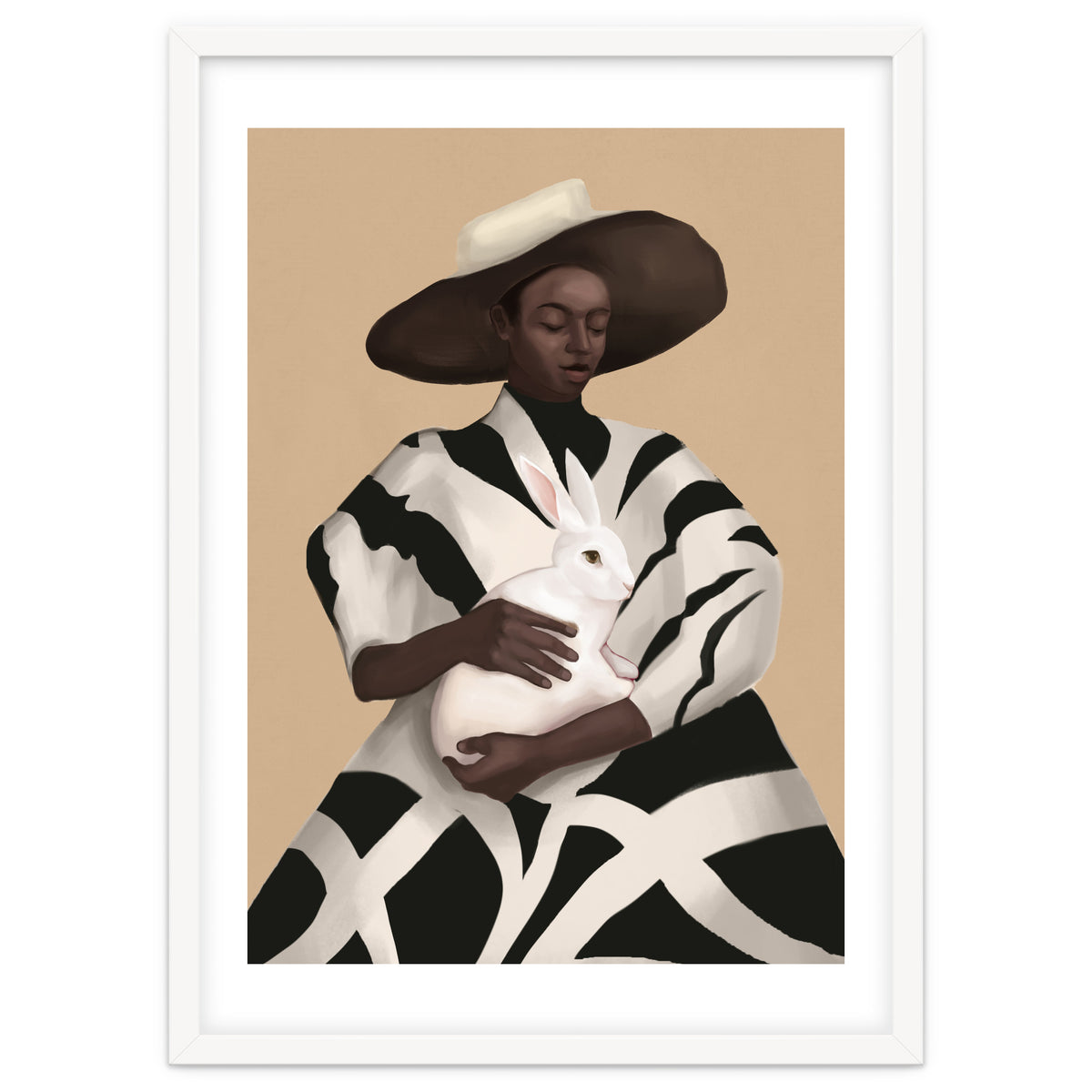 Woman In Stripes Holding A White Rabbit