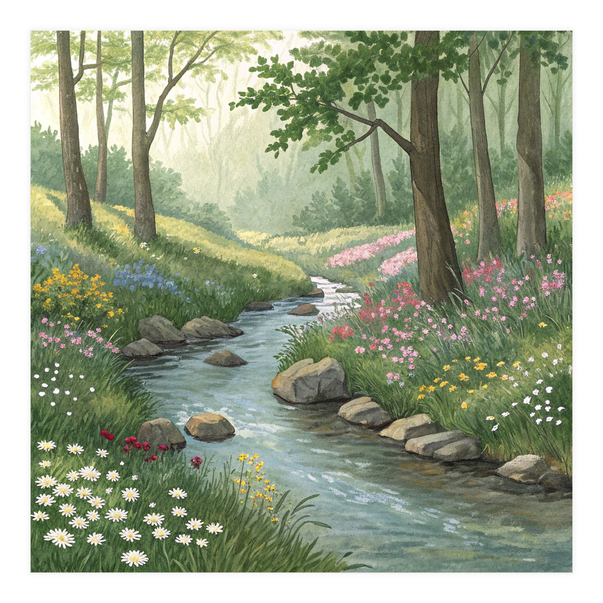 Vibrant Forest Stream Watercolor Painting (Print Only)