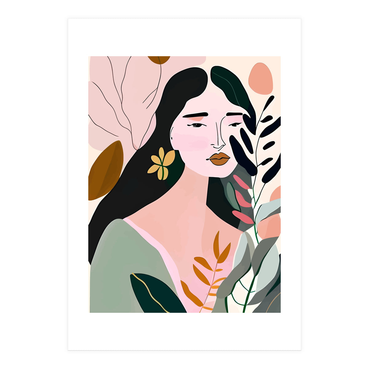 Reinvent, Beautiful Woman Girl Pastel Line Art, Minimal Botanical Nature Portrait, Modern Bohemian Drawing Nomadic Summer Self Love (Print Only)