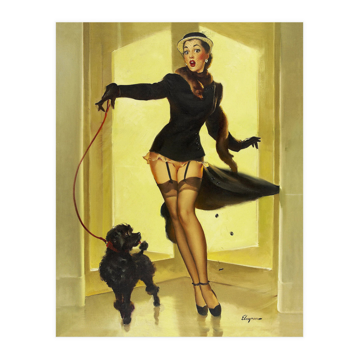 Pinup Girl In Black Dress On A Hall Experiencing Sudden Wind (Print Only)