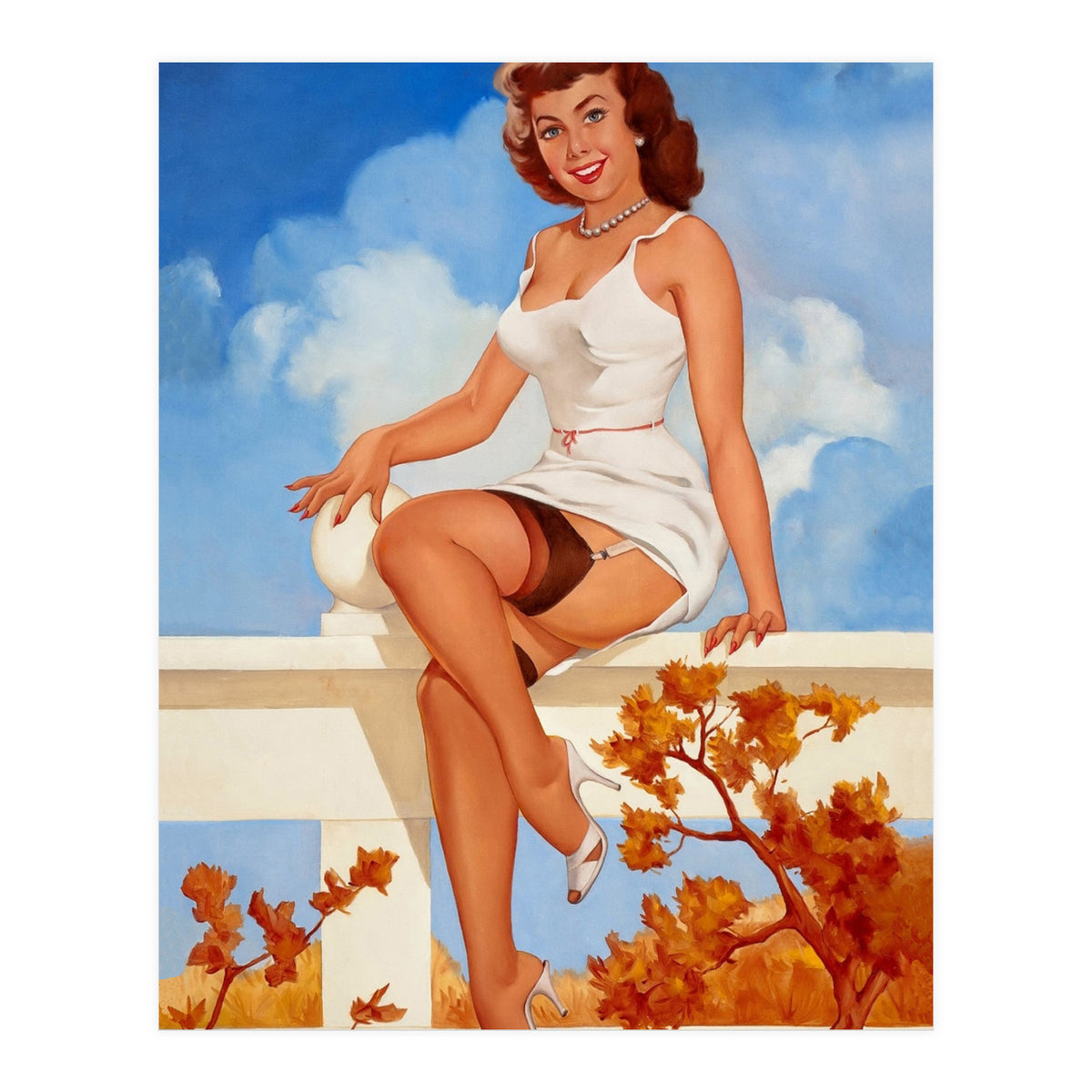 Beautiful Pinup Girl Posing On A Fence (Print Only)