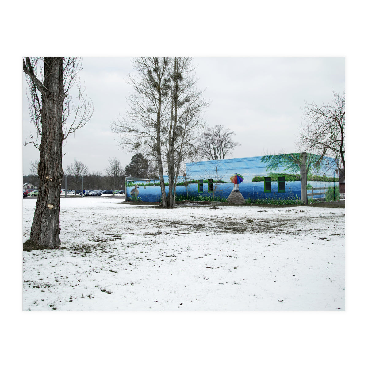 Colorful barn in the snowy ground landscape (Print Only)