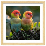 Lovebirds Couple Perched On Mossy Branch Sunlight thumbnail