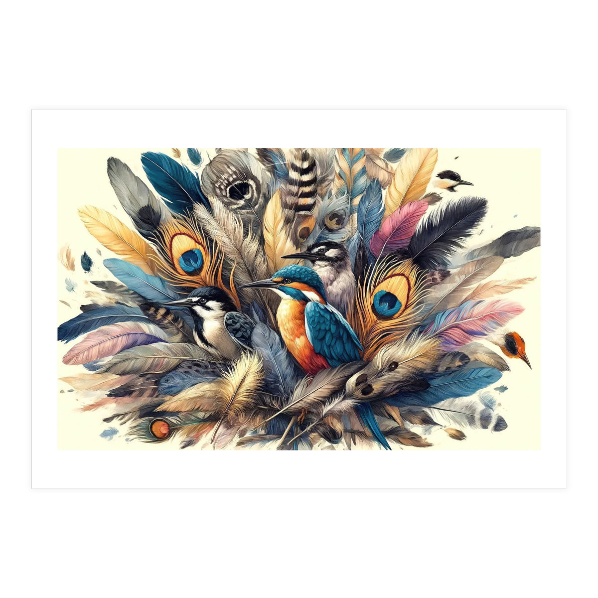 Kingfisher And Songbirds In Peacock Feathers (Print Only)