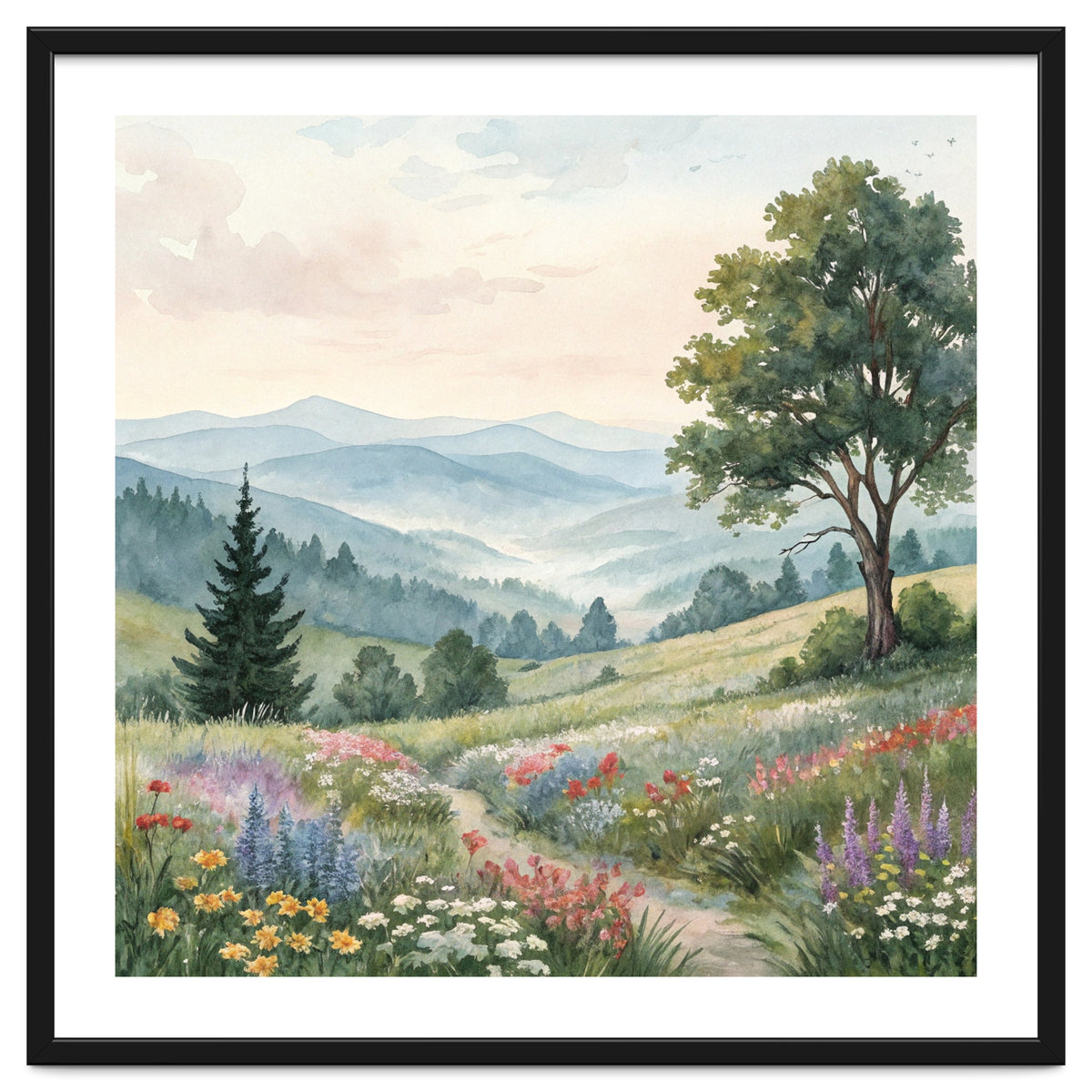 Serene Mountain Meadow Watercolor Landscape
