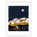 Midnight Lake, Stork Wildlife Animals Abstract Painting, Nature Landscape Travel Adventure Full Moon Night, Eclectic Gold Birds Magical Bohemian thumbnail