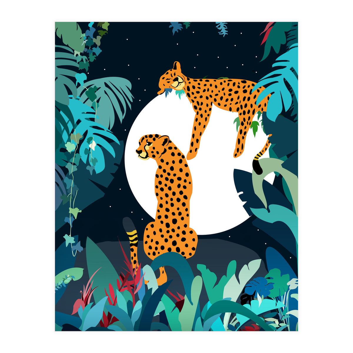 Over The Moon, Leopard In Love, Jungle Wildlife Tropical Tiger Botanical, Nature Cat Dark Animals (Print Only)