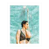 Bathe | Woman Pool Shower | Summer Swim Watercolor Painting | Brunette Bikini Boho Fashion (Print Only) thumbnail
