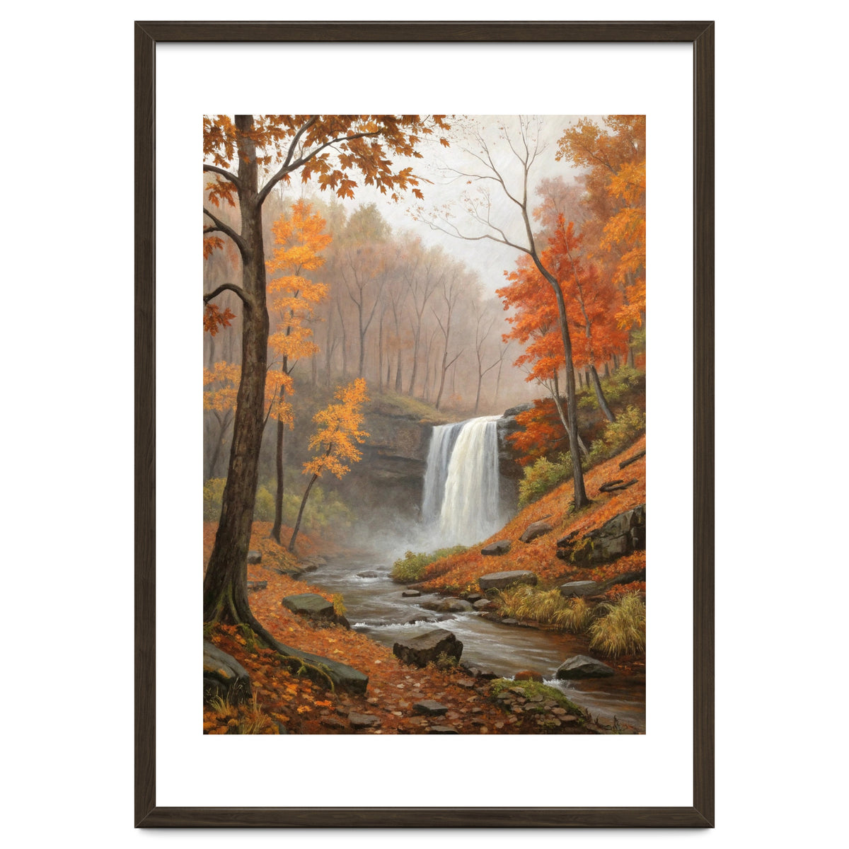 Serene Autumn Waterfall in Misty Forest