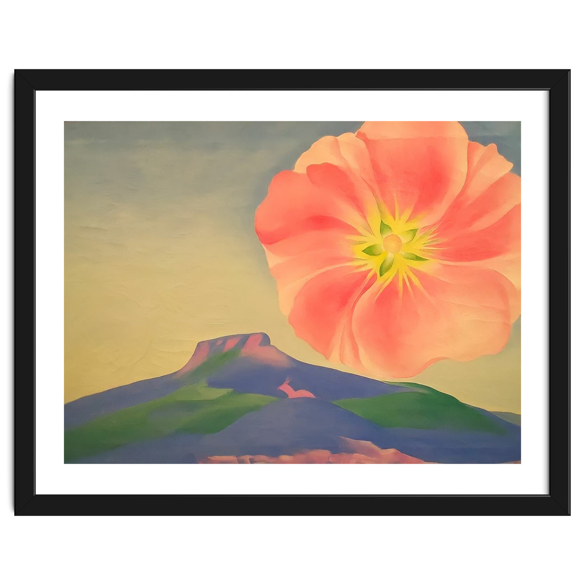 Georgia O’Keeffe – Hollyhock Pink with Pedernal (1937) | Vibrant Modernist Floral Landscape of New Mexico