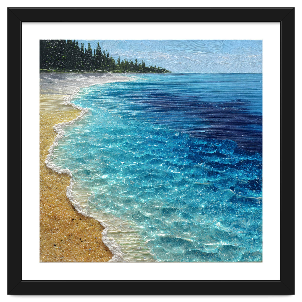 Sun-Drenched Coastal Shoreline with Textured Impasto Waves