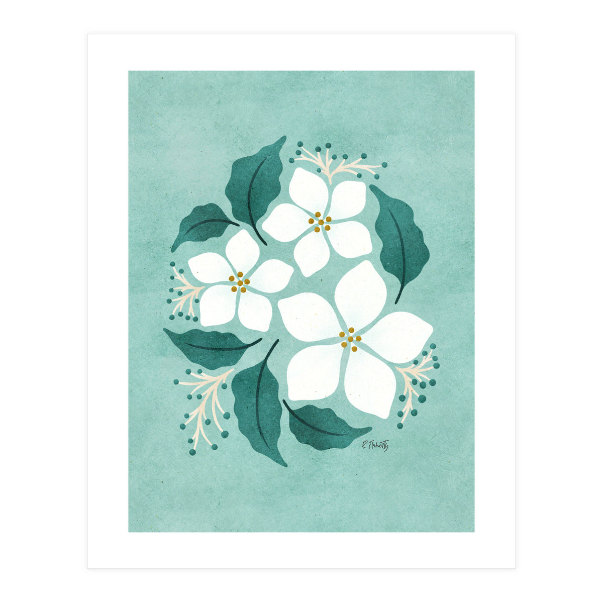 White Flowers On Mint (Print Only)