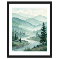 Serene Misty Mountain Valley Watercolor Painting
