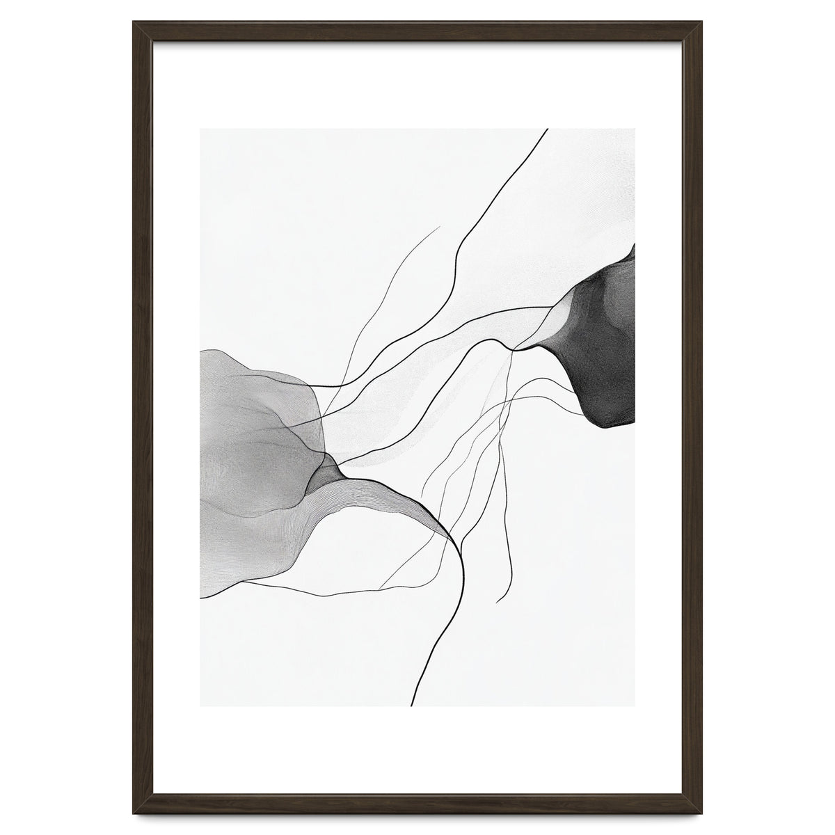 Abstract Black And White Flowing Lines And Shapes On White Background