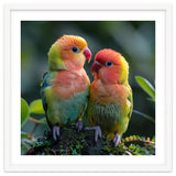 Lovebirds Pair Perched On Mossy Branch Outdoors thumbnail