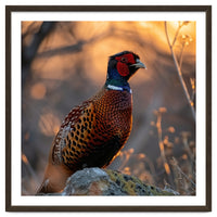 Pheasant Bird Standing On Rock Sunrise Light