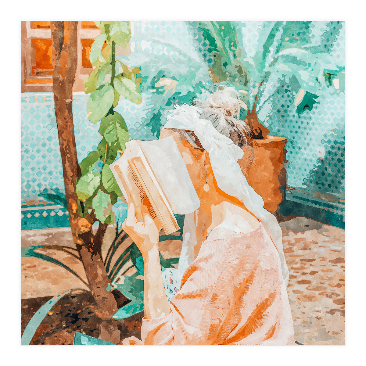 Turkish Reader | Morocco Travel Book Club | Modern Bohemian Woman Architecture | Watercolor Painting (Print Only)