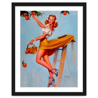 Pinup Sexy Woman Picking Oranges On A Tree Branch