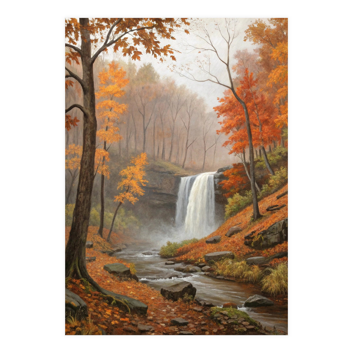 Serene Autumn Waterfall in Misty Forest (Print Only)