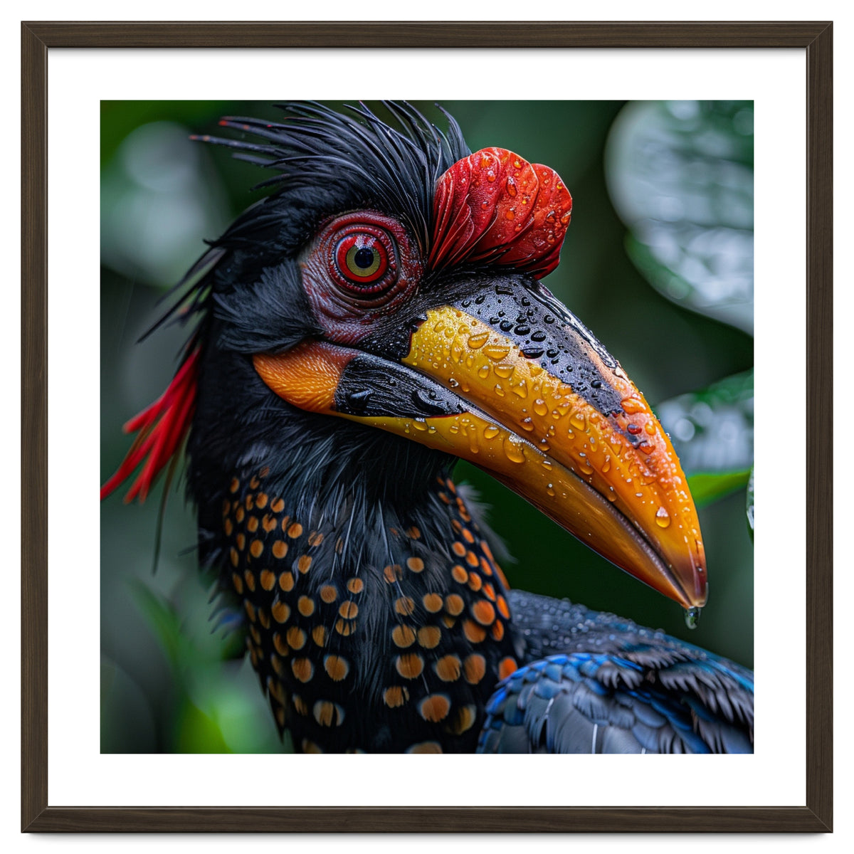 Close Up Of Helmeted Hornbill Bird In Rain