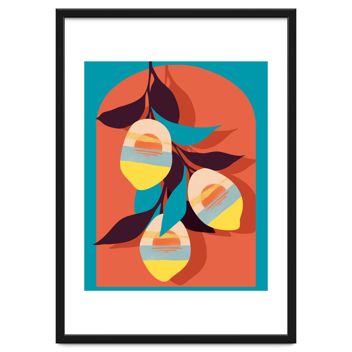 Lemon Sunset, Eclectic Botanical Colorful Bohemian Fruits, Food Pop Of Color Lime Retro