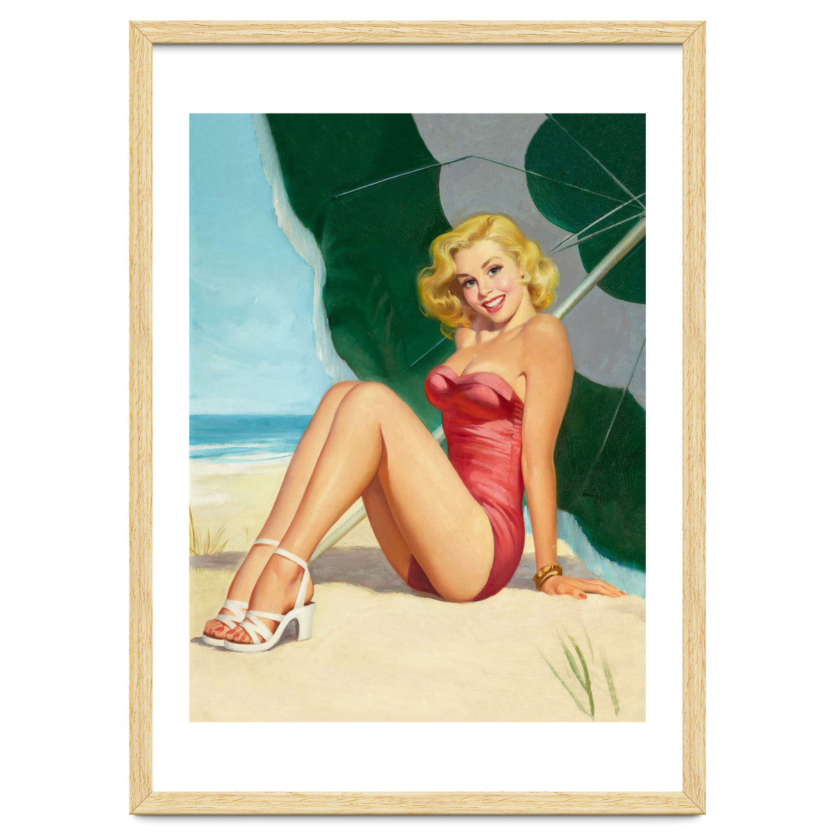 Sexy Pinup Girl On The Beach Under Big Sunshade