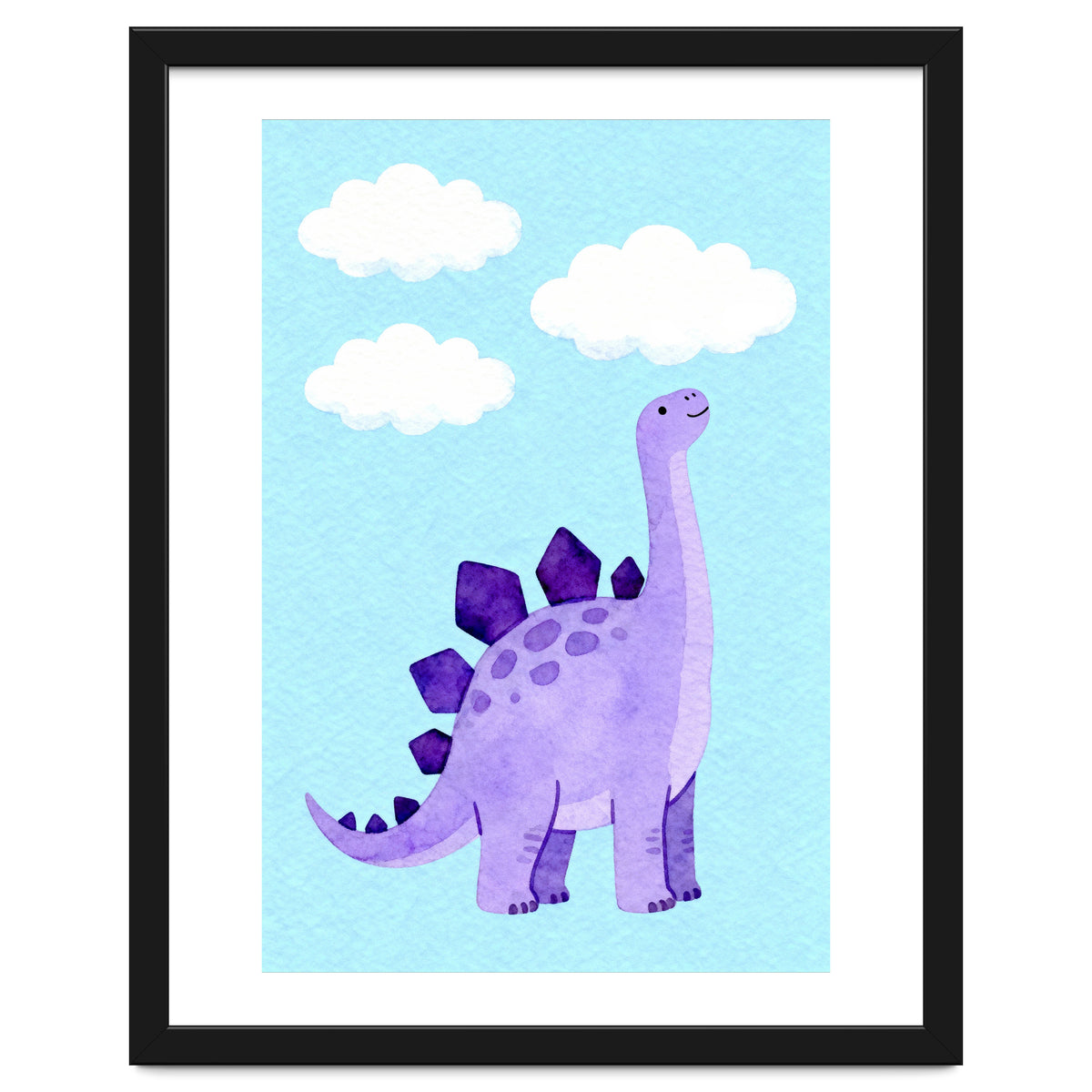 Purple Stegosaurus Watercolor Art, Cute Dinosaur Nursery Print, Dino and Clouds Illustration