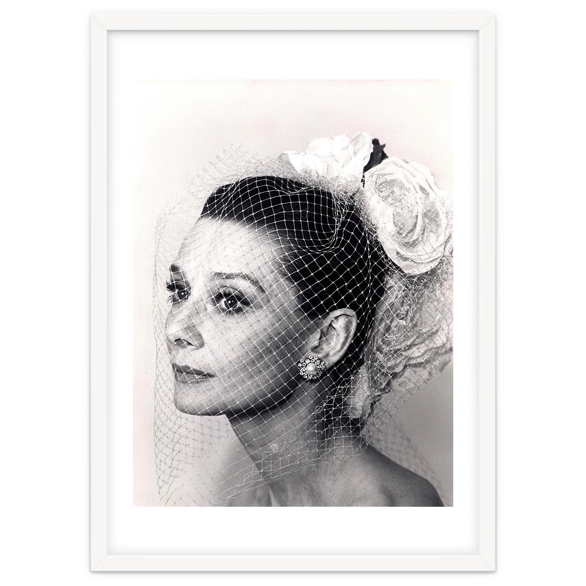 Audrey Hepburn with Veil, Classic Hollywood Glamour Photography, Black and White Icon Portrait